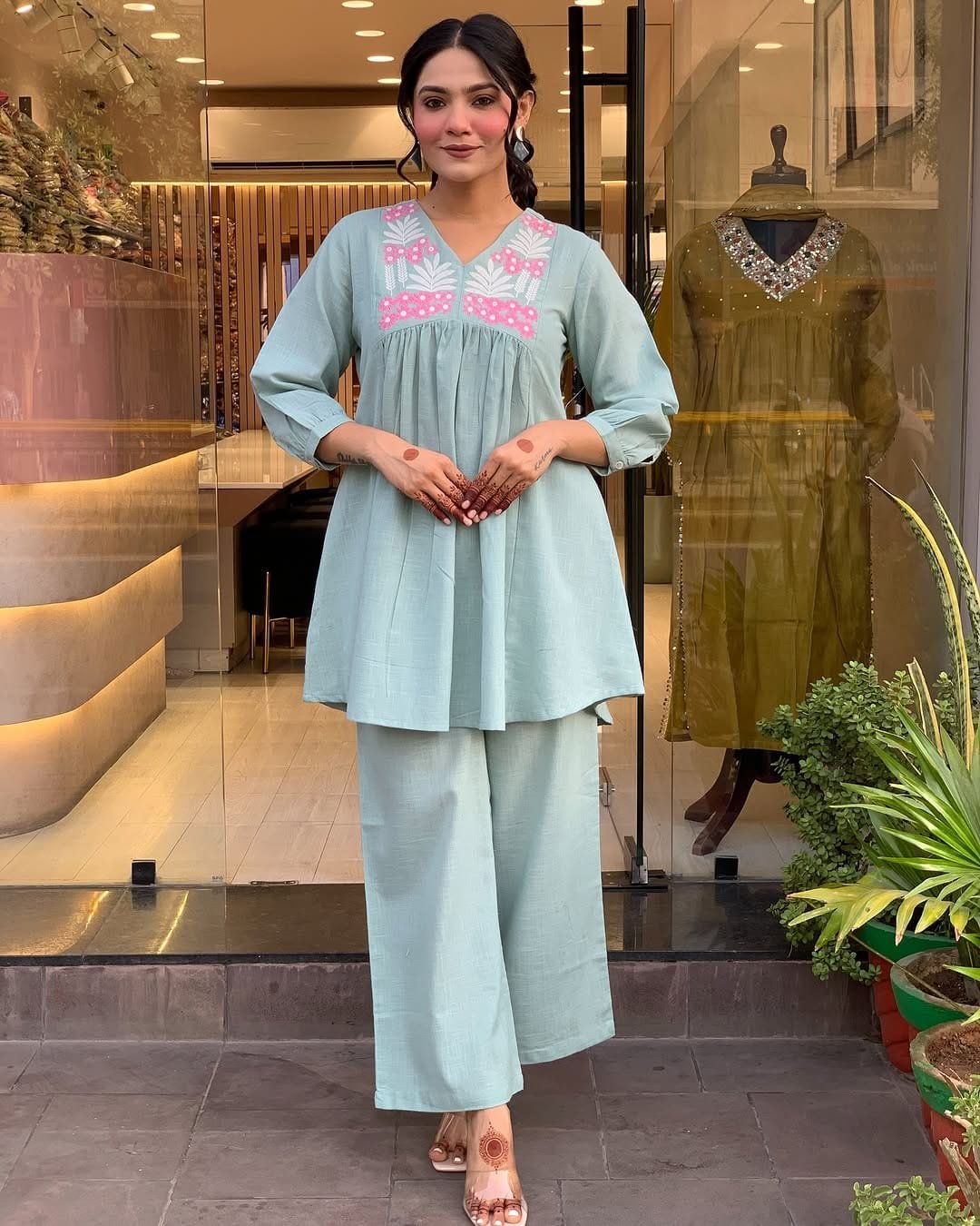 Sky Blue Pure Cotton Embroidered Co-Ord Set